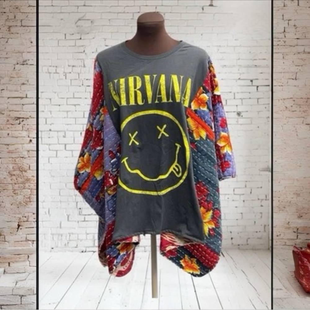 NIRVANA Gray Top with Yellow Logo and Floral Sleeves